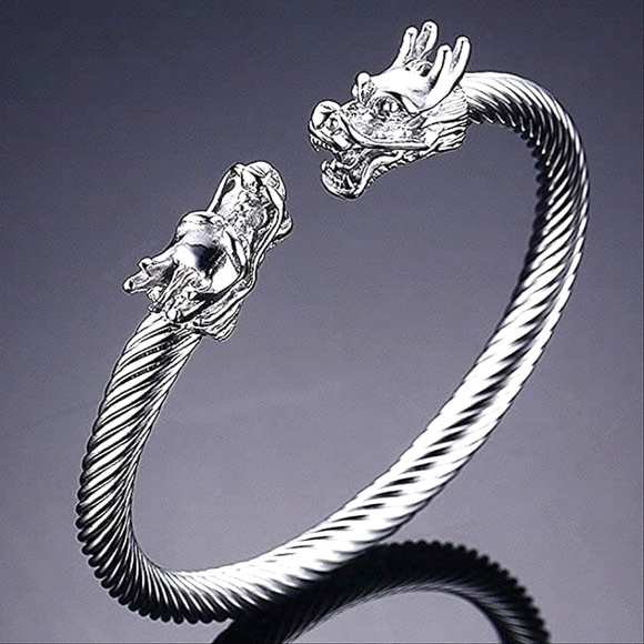 Dragon Viking Sterling Silver Plated Stainless Steel Bangle Cuff Bracelet - Picture 14 of 16